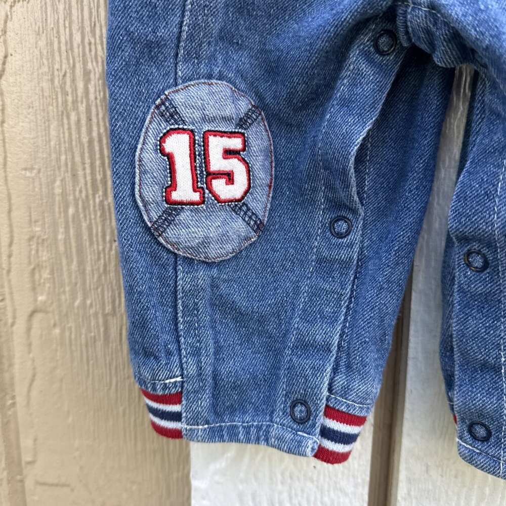 VTG Baby Snoopy Peanuts Football Denim Jean Overalls Size 6-9 Months - Picture 5 of 7